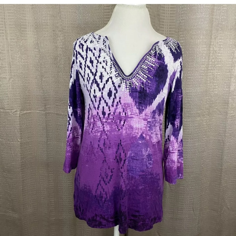 Chico's Sequin Bead Embellished Boho Tye Dye IKAt Tunic